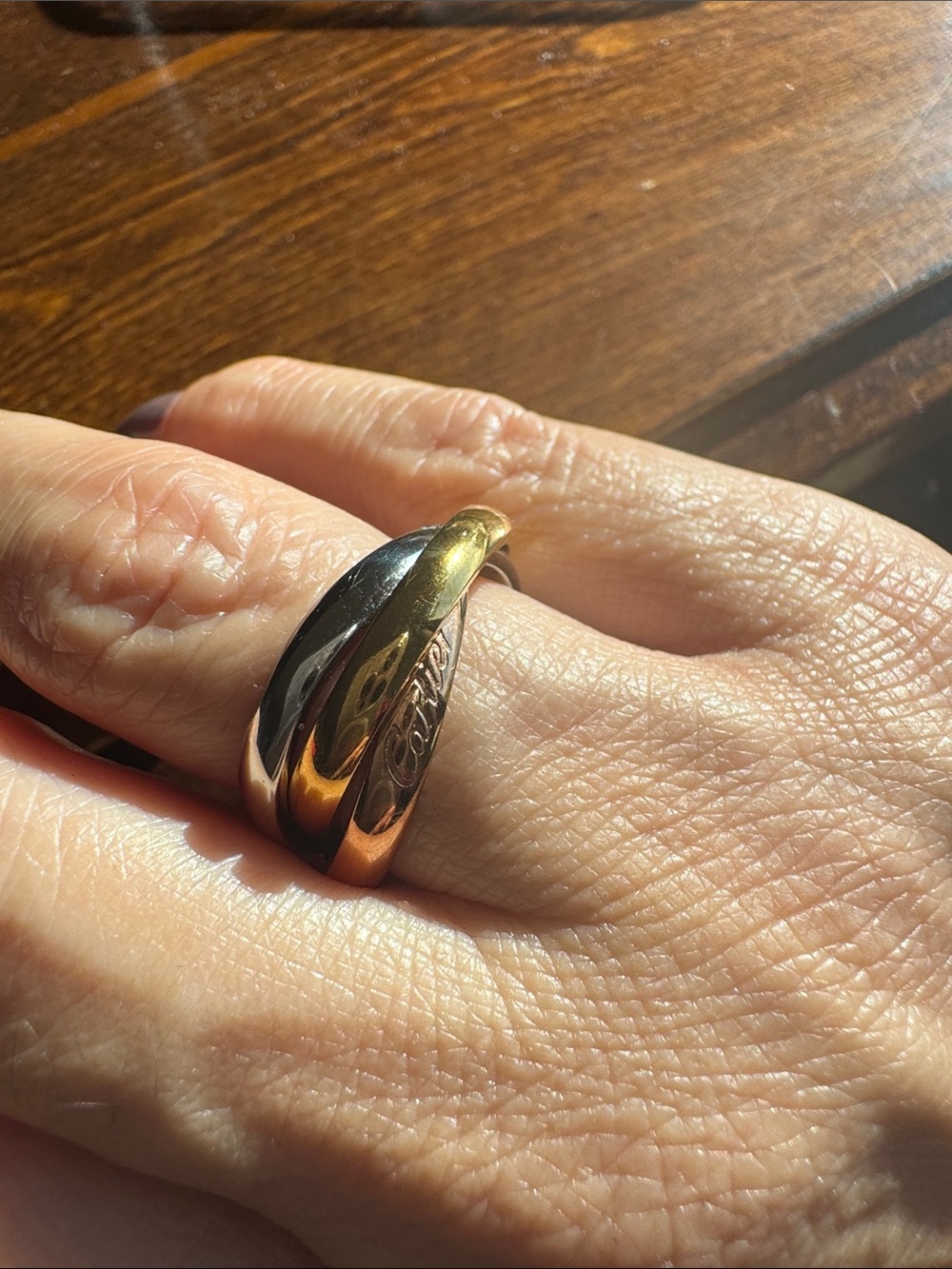 Tri-Color Interlocking Ring in Gold, Silver, and Rose plated over SS